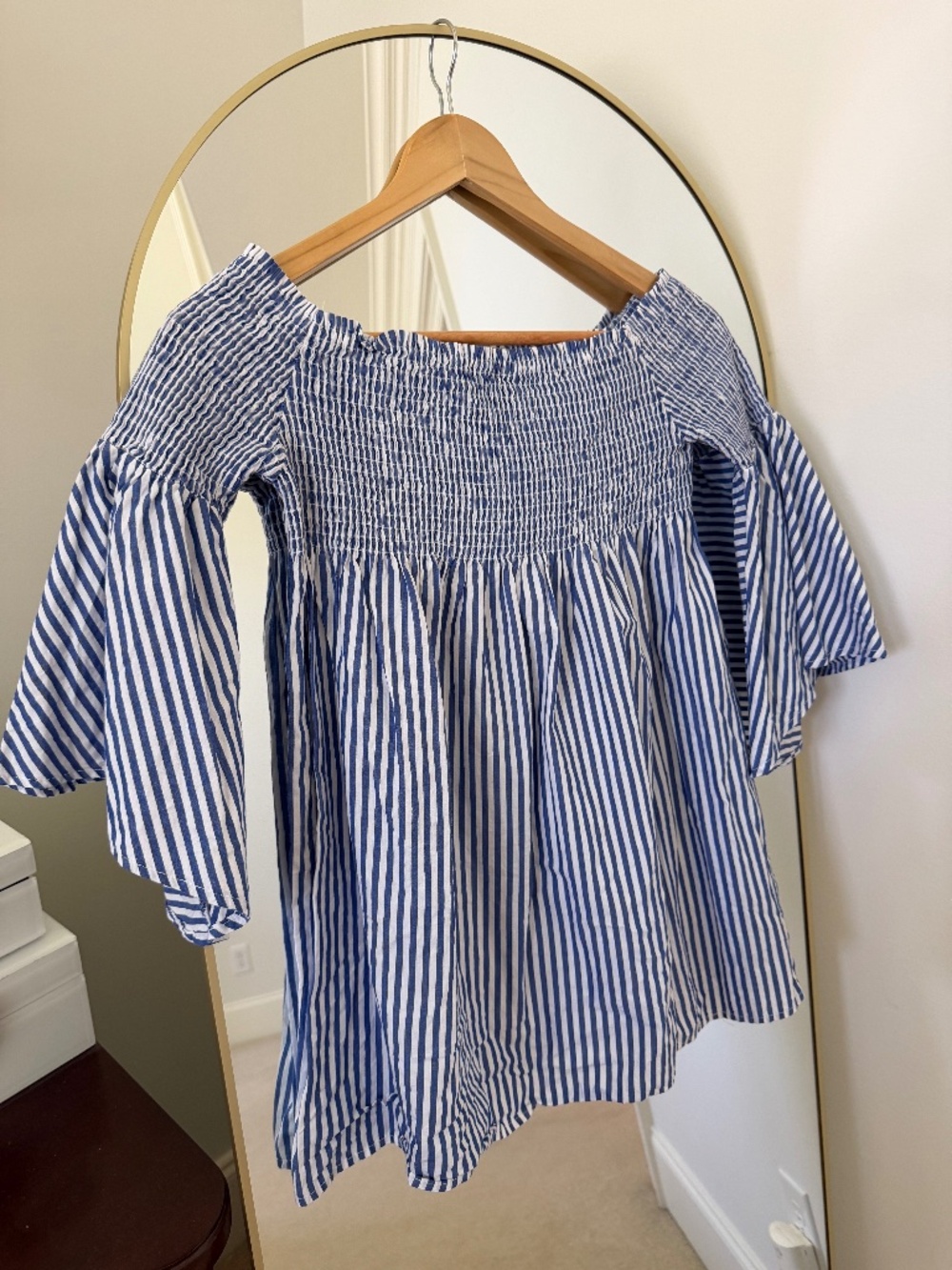 Zara Blue and White Striped Off the Shoulder Smocked Bell Sleeve Boho, size S